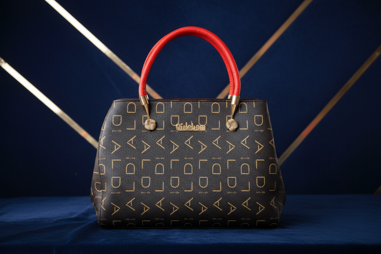Dark Brown Gold Monogram Bag with Red Handles