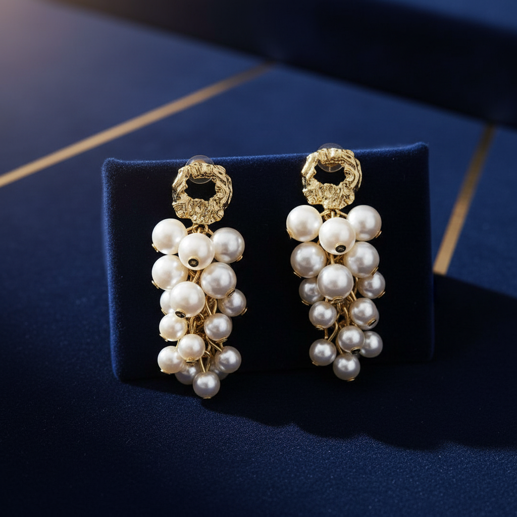 Pearl Cascade Drop Earrings – Gold Hammered Ring