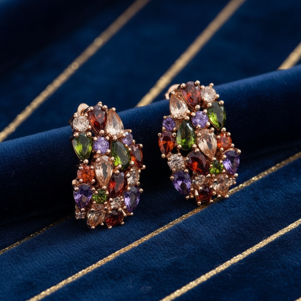 Garden of Gems Earrings – Multicolour Crystal Cluster Rose Gold