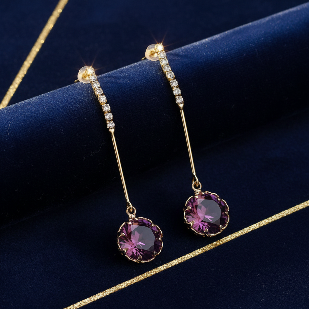Twilight Drop Earrings – Amethyst Crystal & Gold Bar
