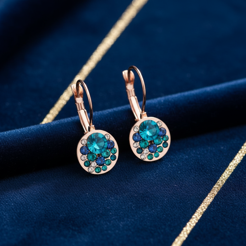 Ocean Halo Earrings – Teal Crystal & Rose Gold
