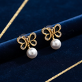 Noir Butterfly Pearl Drop Earrings – Black Enamel & Gold