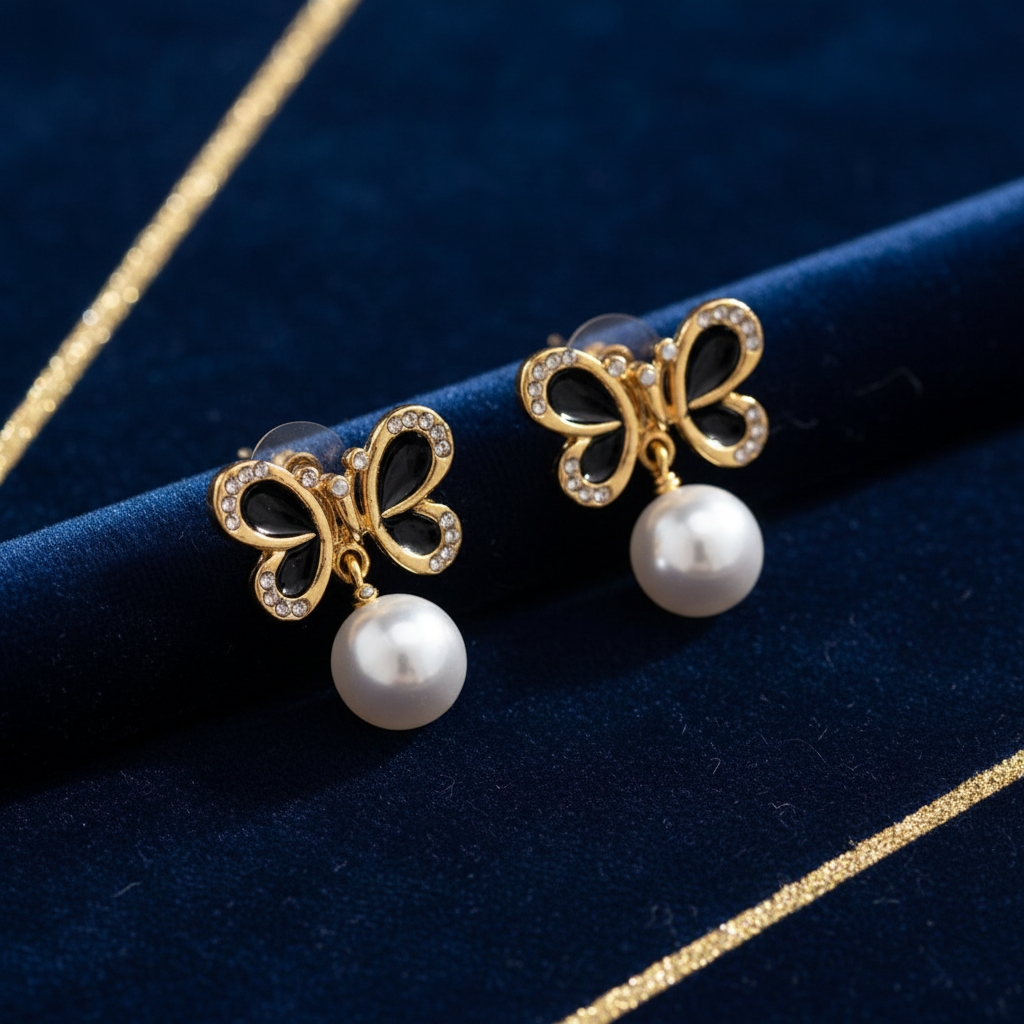 Noir Butterfly Pearl Drop Earrings – Black Enamel & Gold
