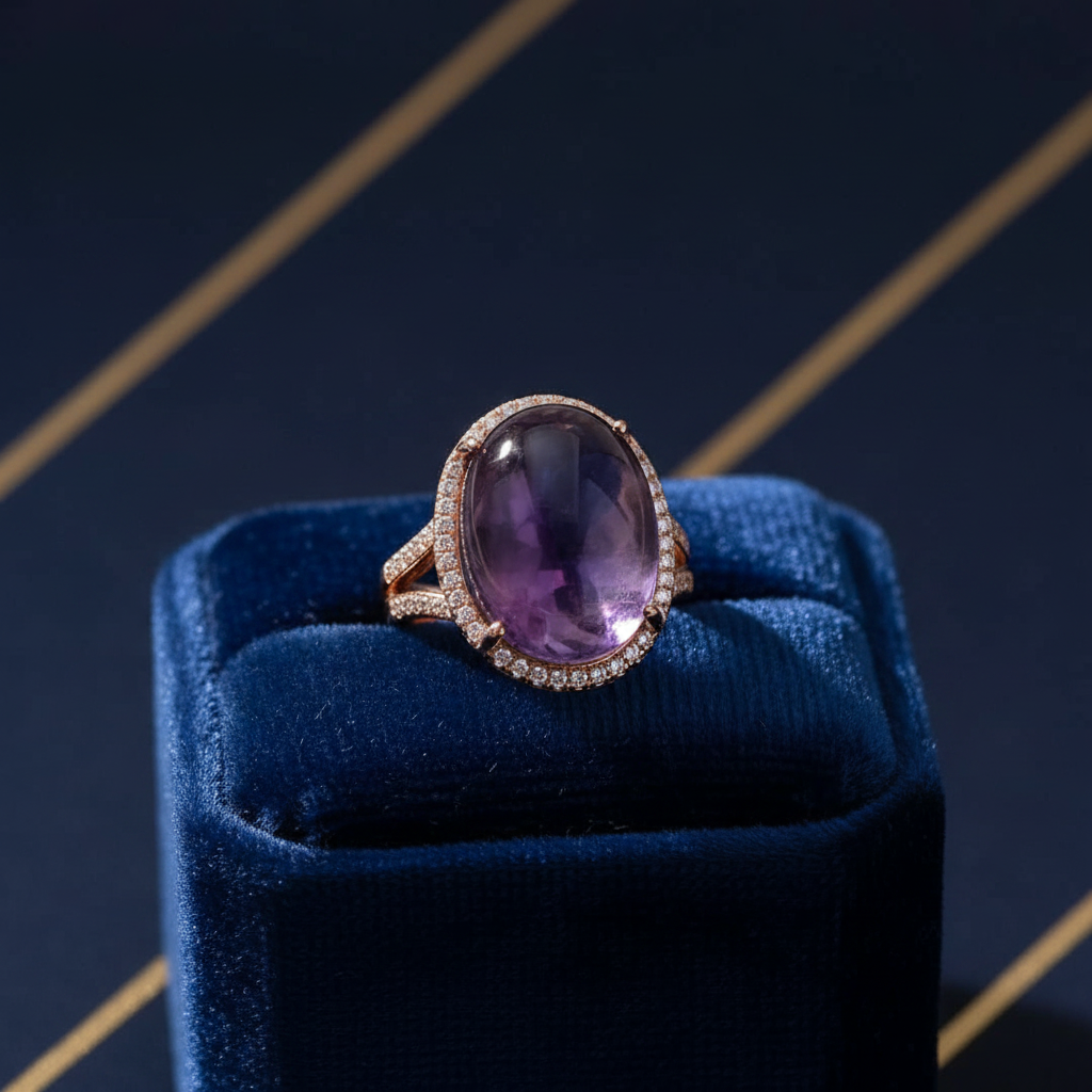 Royal Amethyst Cocktail Ring – Rose Gold & Diamond Halo
